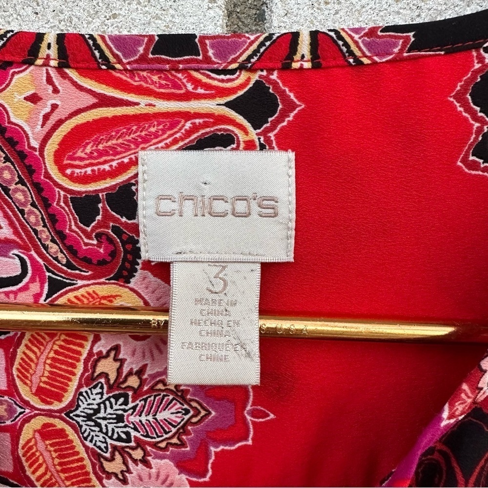 Chico’s Red Patchwork Paisley Peasant Blouse Split Neck Boho Scarf Print Top XL - Picture 5 of 14